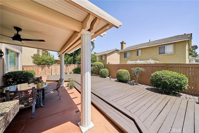 11853 Saybrook Dr, Rancho Cucamonga, CA 91730 - wooden terrace featuring a fenced backyard, a ceiling fan, a patio, and outdoor dining space