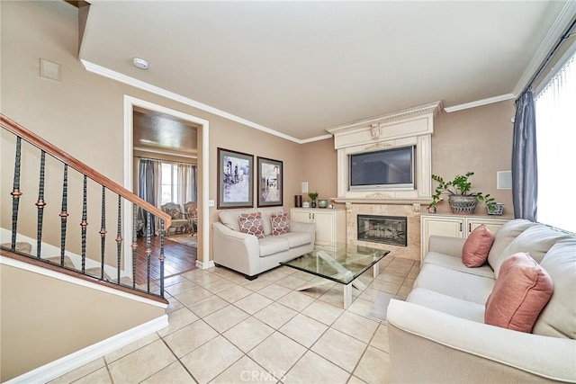 11853 Saybrook Dr, Rancho Cucamonga, CA 91730 - living room with light tile patterned floors, crown molding, stairs, and a high end fireplace