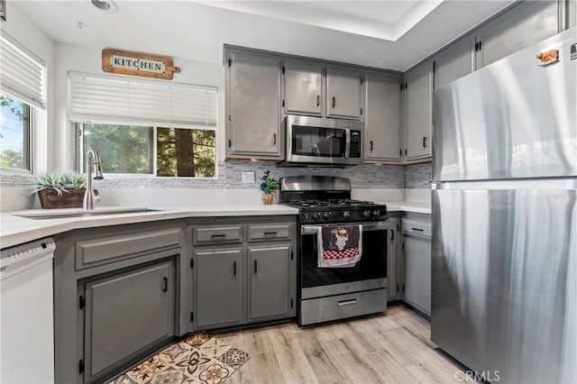 32538 Scandia Dr, Running Springs, CA 92382 - kitchen with appliances with stainless steel finishes, gray cabinets, decorative backsplash, and light countertops