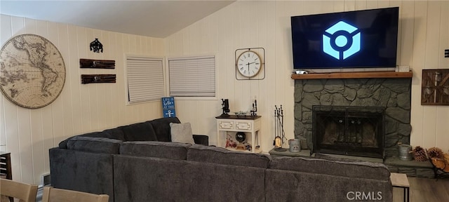 32538 Scandia Dr, Running Springs, CA 92382 - living room with lofted ceiling, a fireplace, and wood finished floors