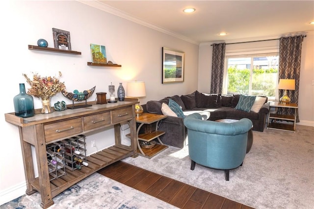 2414 Niagara Way, Costa Mesa, CA 92626 - living area featuring crown molding, wood finished floors, and recessed lighting