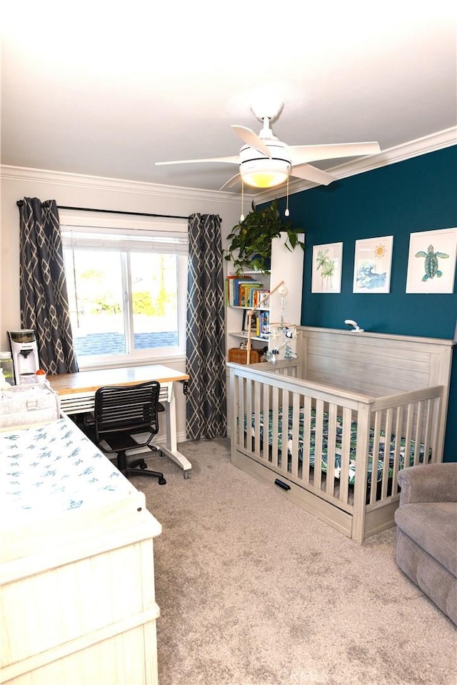 2414 Niagara Way, Costa Mesa, CA 92626 - carpeted bedroom with crown molding, a desk, and a ceiling fan