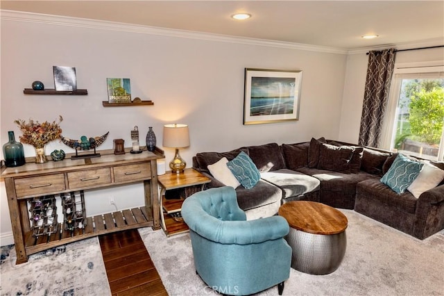 2414 Niagara Way, Costa Mesa, CA 92626 - living area featuring dark wood-style flooring, ornamental molding, and recessed lighting