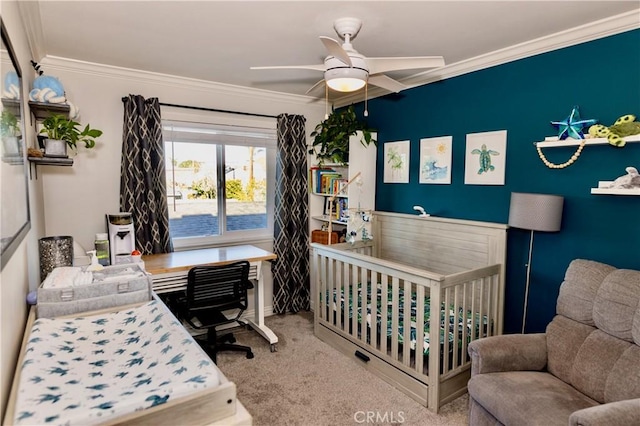 2414 Niagara Way, Costa Mesa, CA 92626 - carpeted bedroom featuring crown molding, a desk, a ceiling fan, and a nursery area