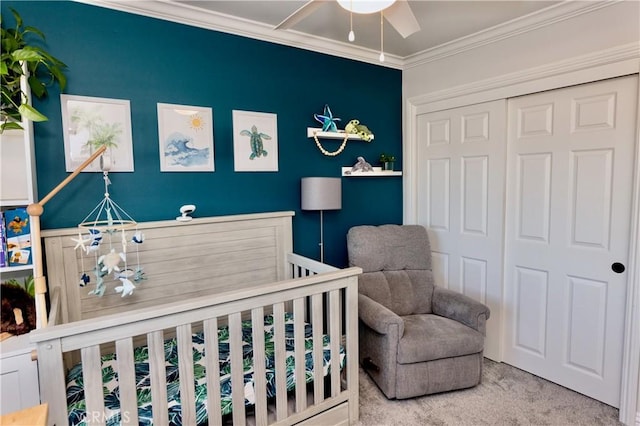 2414 Niagara Way, Costa Mesa, CA 92626 - bedroom featuring carpet flooring, ornamental molding, a closet, and a nursery area