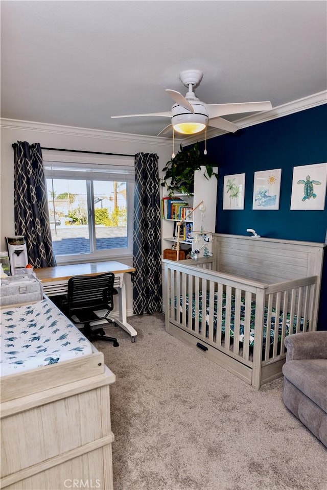 2414 Niagara Way, Costa Mesa, CA 92626 - bedroom featuring carpet, crown molding, a desk, and a ceiling fan
