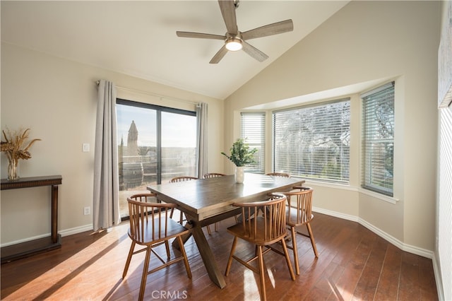 5175 White Tail Pl, Paso Robles, CA 93446 - dining area with high vaulted ceiling, wood finished floors, and ceiling fan