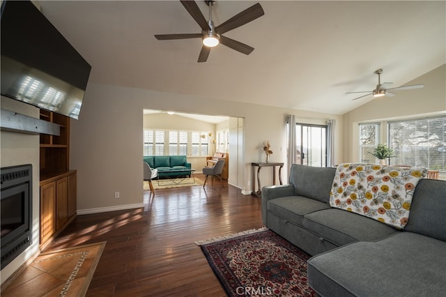 5175 White Tail Pl, Paso Robles, CA 93446 - living room featuring ceiling fan, lofted ceiling, and dark wood-style flooring