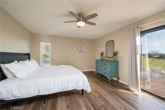 5175 White Tail Pl, Paso Robles, CA 93446 - bedroom with multiple windows, access to exterior, wood finished floors, and ceiling fan