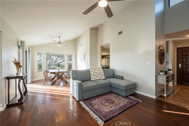 5175 White Tail Pl, Paso Robles, CA 93446 - living area with ceiling fan, dark wood finished floors, and high vaulted ceiling