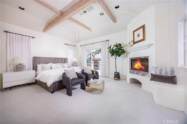 104 Via Lorca, Newport Beach, CA 92663 - bedroom featuring carpet floors, beamed ceiling, a lit fireplace, and coffered ceiling
