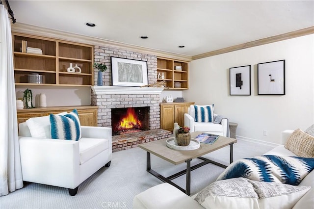 104 Via Lorca, Newport Beach, CA 92663 - carpeted living room with ornamental molding and a fireplace