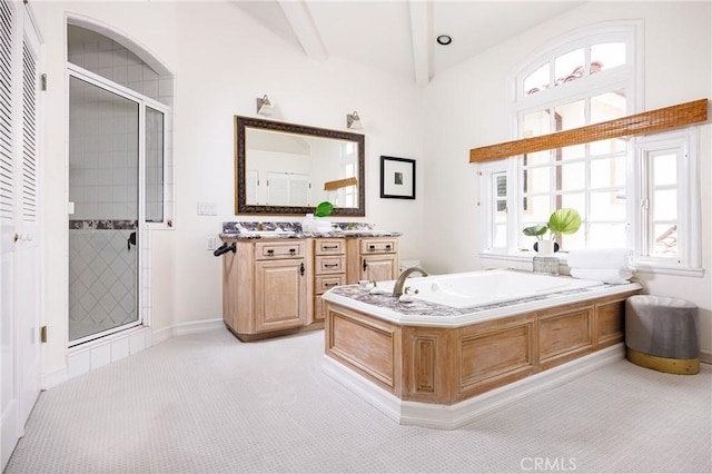 104 Via Lorca, Newport Beach, CA 92663 - full bathroom featuring vanity, a garden tub, a shower stall, and beamed ceiling