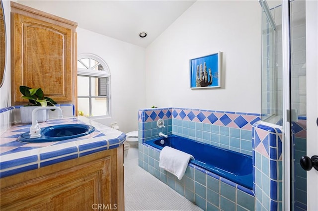 104 Via Lorca, Newport Beach, CA 92663 - full bathroom featuring lofted ceiling, vanity, a garden tub, and tiled shower