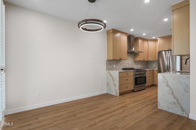 1200 W Huntington Dr Unit 21, Arcadia, CA 91007 - kitchen with wall chimney range hood, appliances with stainless steel finishes, decorative backsplash, light wood finished floors, and recessed lighting
