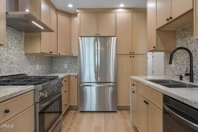 1200 W Huntington Dr Unit 21, Arcadia, CA 91007 - kitchen featuring appliances with stainless steel finishes, wall chimney exhaust hood, and light brown cabinets