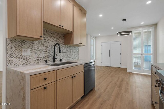 1200 W Huntington Dr Unit 21, Arcadia, CA 91007 - kitchen with dishwashing machine, light brown cabinets, light wood finished floors, decorative backsplash, and recessed lighting