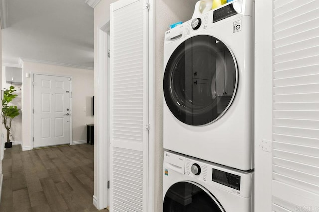 9959 Azuaga St Unit 105, San Diego, CA 92129 - laundry area with stacked washer / dryer, wood finished floors, and crown molding
