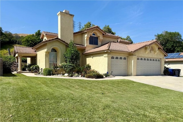 25961 Brookmere Ave, Loma Linda, CA 92354 - mediterranean / spanish house with a chimney, a garage, stucco siding, a front lawn, and concrete driveway