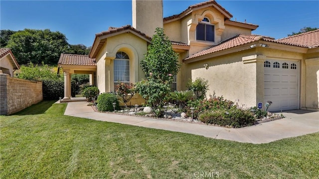 25961 Brookmere Ave, Loma Linda, CA 92354 - mediterranean / spanish-style house featuring a tile roof, stucco siding, a garage, and a chimney