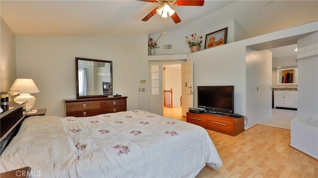 25961 Brookmere Ave, Loma Linda, CA 92354 - bedroom with vaulted ceiling, light wood-type flooring, and a ceiling fan