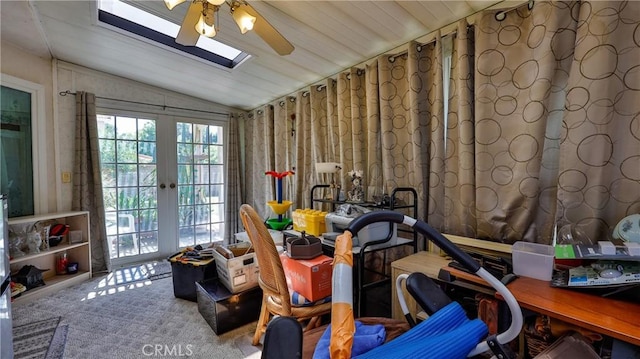25961 Brookmere Ave, Loma Linda, CA 92354 - game room featuring lofted ceiling, ceiling fan, a skylight, carpet, and french doors