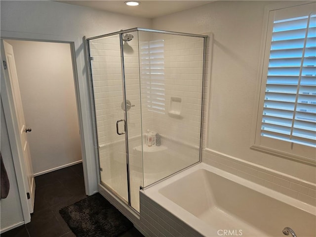 29604 Kyles Cir, Winchester, CA 92596 - bathroom featuring a stall shower, a garden tub, tile patterned floors, and recessed lighting