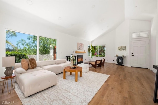 4 Saint Martin, Laguna Niguel, CA 92677 - living room featuring plenty of natural light, wood finished floors, high vaulted ceiling, and a glass covered fireplace
