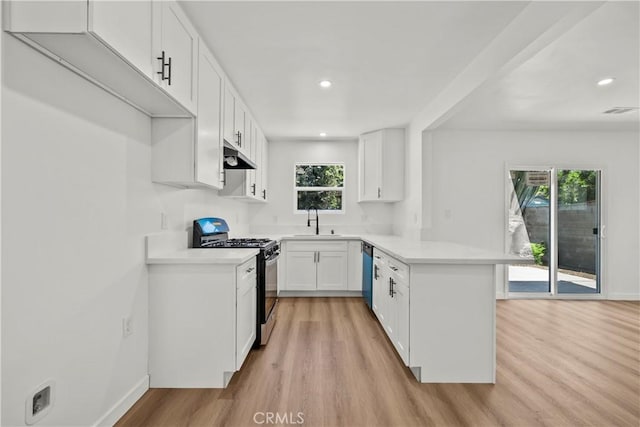 13612 Mercer St, Pacoima, CA 91331 - kitchen featuring range with gas stovetop, a peninsula, under cabinet range hood, light wood-style flooring, and dishwasher