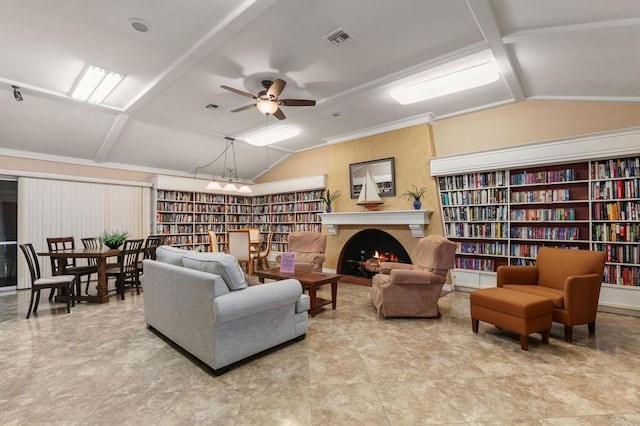 3755 N Vista Campana Unit 30, Oceanside, CA 92057 - living area with bookshelves, lofted ceiling, and ceiling fan