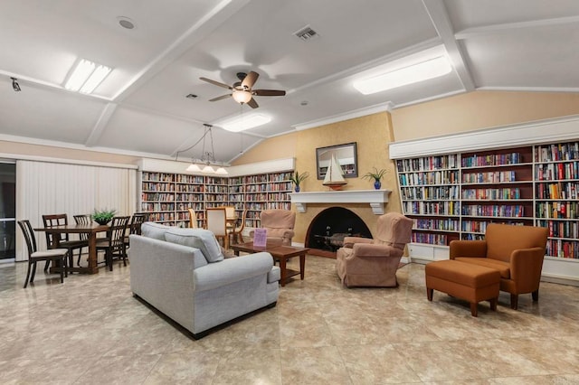 3755 N Vista Campana Unit 30, Oceanside, CA 92057 - living room with bookshelves, vaulted ceiling, and a ceiling fan