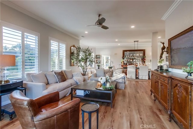2424 Gird Rd, Fallbrook, CA 92028 - living room featuring ceiling fan, light wood-style floors, ornamental molding, and recessed lighting