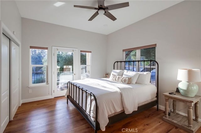 2424 Gird Rd, Fallbrook, CA 92028 - bedroom with access to exterior, multiple windows, wood finished floors, and ceiling fan