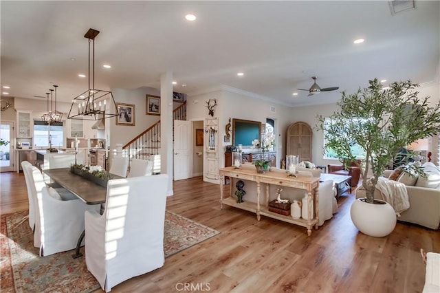 2424 Gird Rd, Fallbrook, CA 92028 - living room with stairs, ceiling fan, recessed lighting, ornamental molding, and light wood finished floors