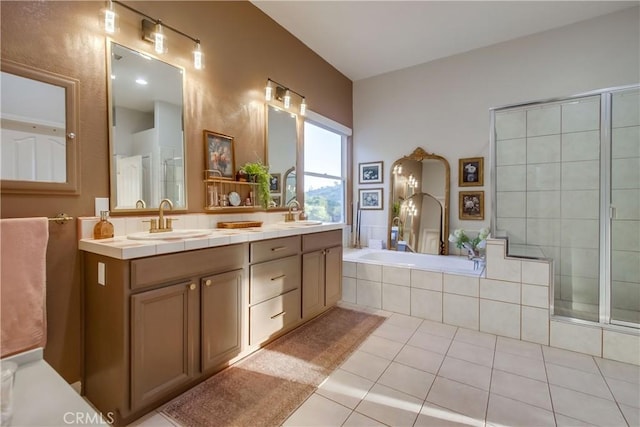 2424 Gird Rd, Fallbrook, CA 92028 - full bath with double vanity, a garden tub, a tile shower, and tile patterned floors