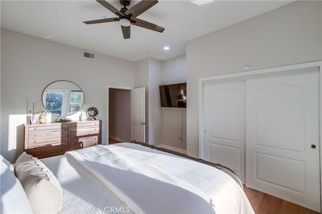 2424 Gird Rd, Fallbrook, CA 92028 - bedroom featuring a closet, wood finished floors, ceiling fan, and recessed lighting