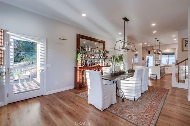 2424 Gird Rd, Fallbrook, CA 92028 - dining space featuring light wood finished floors, recessed lighting, and stairs