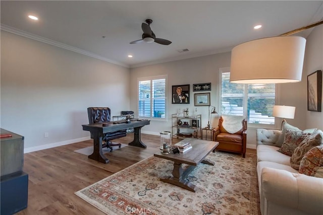 2424 Gird Rd, Fallbrook, CA 92028 - office area featuring plenty of natural light, crown molding, ceiling fan, wood finished floors, and recessed lighting