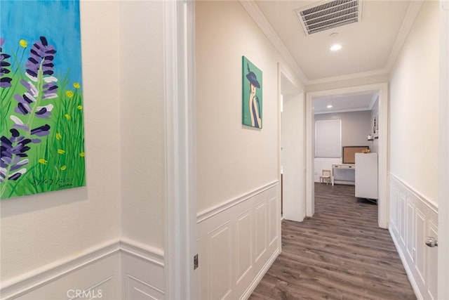 3071 E Silver Sky Dr, Ontario, CA 91762 - corridor featuring a decorative wall, ornamental molding, a wainscoted wall, and dark wood-style floors