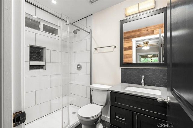 1131 Stewart Ave, Chico, CA 95926 - full bath with a stall shower, vanity, decorative backsplash, and ceiling fan