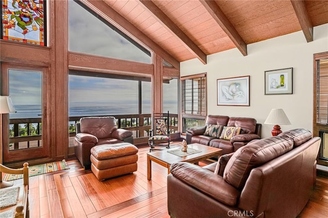1323 Silvius Ave, San Pedro, CA 90731 - living area featuring a wood ceiling with exposed beams, wood finished floors, and high vaulted ceiling