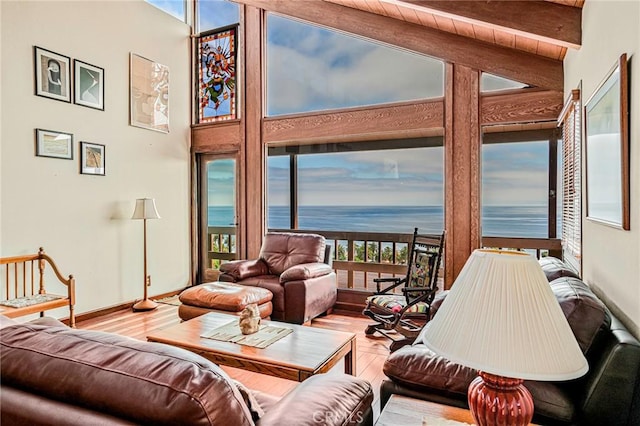 1323 Silvius Ave, San Pedro, CA 90731 - living room with a water view, beamed ceiling, wood finished floors, and a high ceiling