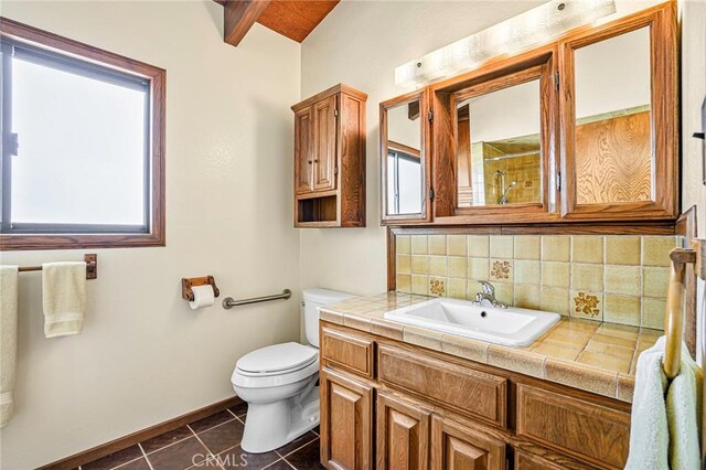 1323 Silvius Ave, San Pedro, CA 90731 - bathroom with vanity, backsplash, tile patterned flooring, beamed ceiling, and a shower