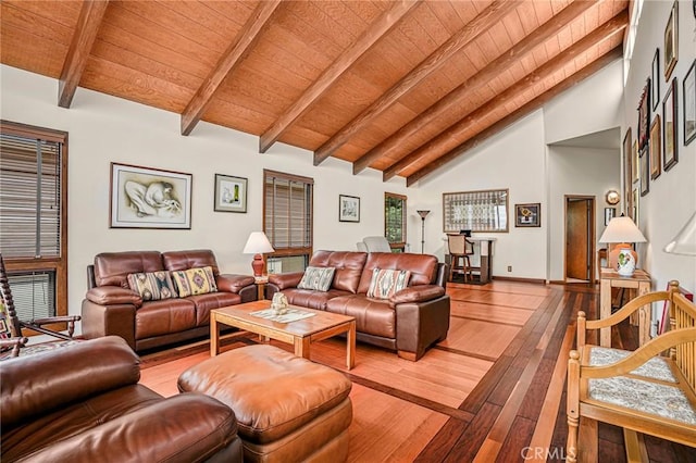 1323 Silvius Ave, San Pedro, CA 90731 - living area featuring a wooden ceiling with exposed beams, high vaulted ceiling, and hardwood / wood-style floors