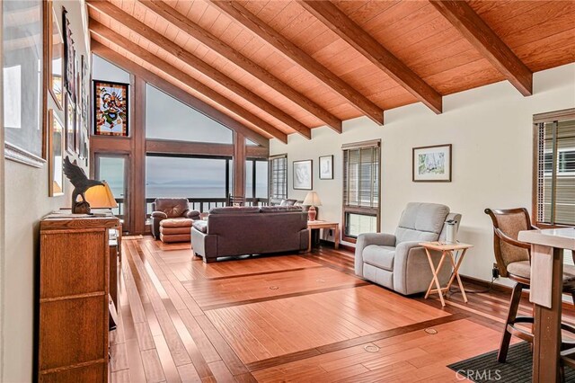 1323 Silvius Ave, San Pedro, CA 90731 - living room with a wood ceiling with exposed beams, hardwood / wood-style floors, and high vaulted ceiling