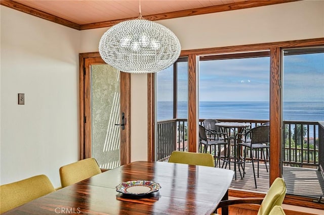 1323 Silvius Ave, San Pedro, CA 90731 - dining space with a water view, a chandelier, and wood ceiling