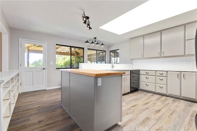 14220 El Monte Rd, Atascadero, CA 93422 - kitchen featuring light wood-style flooring, tasteful backsplash, butcher block countertops, and gray cabinetry
