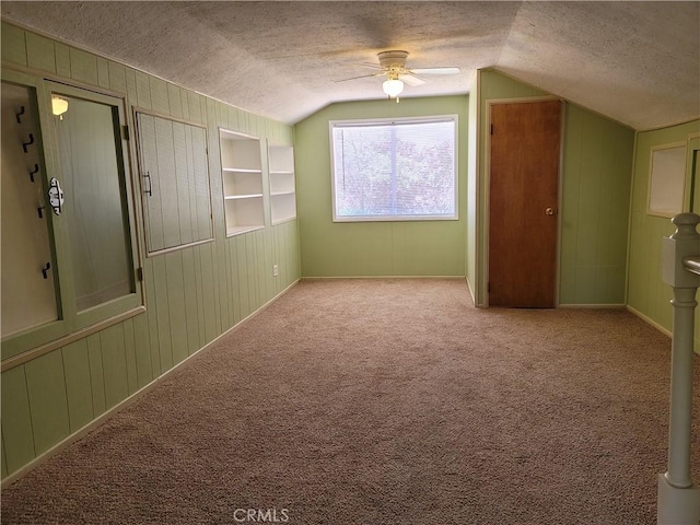 1004 Coldwater Dr, Frazier Park, CA 93225 - additional living space featuring vaulted ceiling, a textured ceiling, a ceiling fan, built in features, and carpet floors