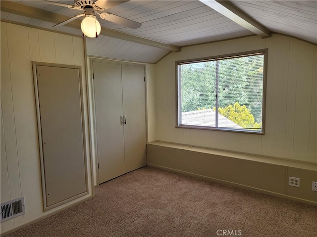 1004 Coldwater Dr, Frazier Park, CA 93225 - unfurnished bedroom featuring light carpet, a closet, ceiling fan, wood walls, and wood ceiling