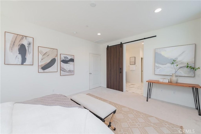 1504 Granada Rd, Upland, CA 91786 - bedroom featuring a barn door, recessed lighting, and carpet flooring